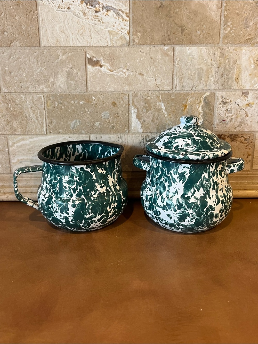Vintage Green and White Marble Enamelware Sugar/ Creamer 3- piece set, Used